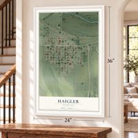 Haigler, Nebraska map, 24 x 36 inch print in a white frame by a staircase