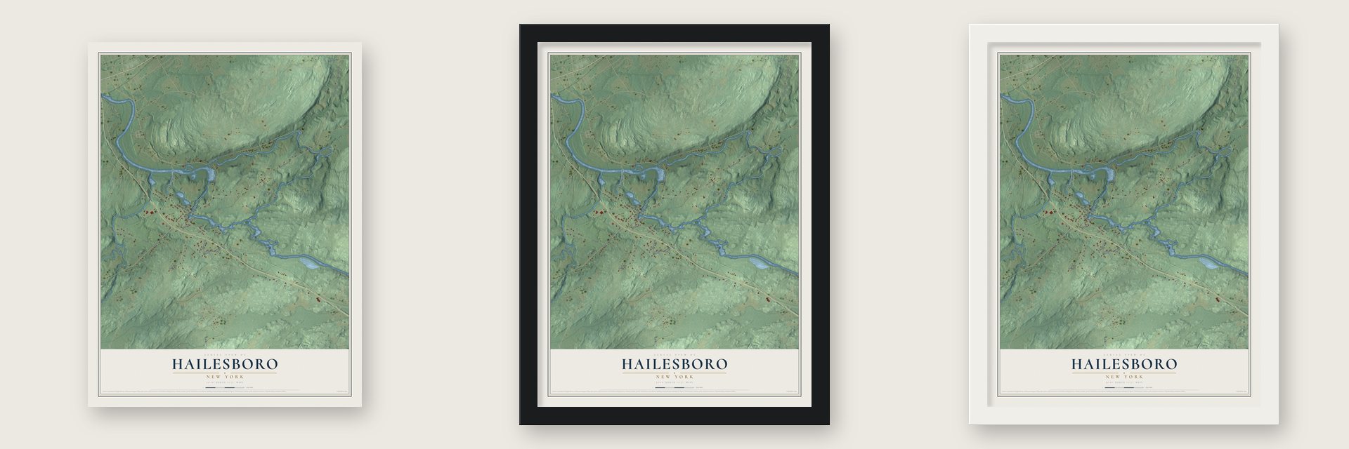 Hailesboro, New York map unframed, in a black wood frame and in a white wood frame