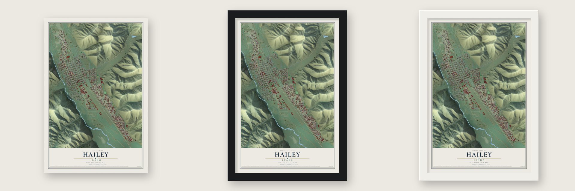 Hailey, Idaho map unframed, in a black wood frame and in a white wood frame
