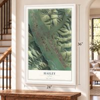 Hailey, Idaho map, 24 x 36 inch print in a white frame by a staircase