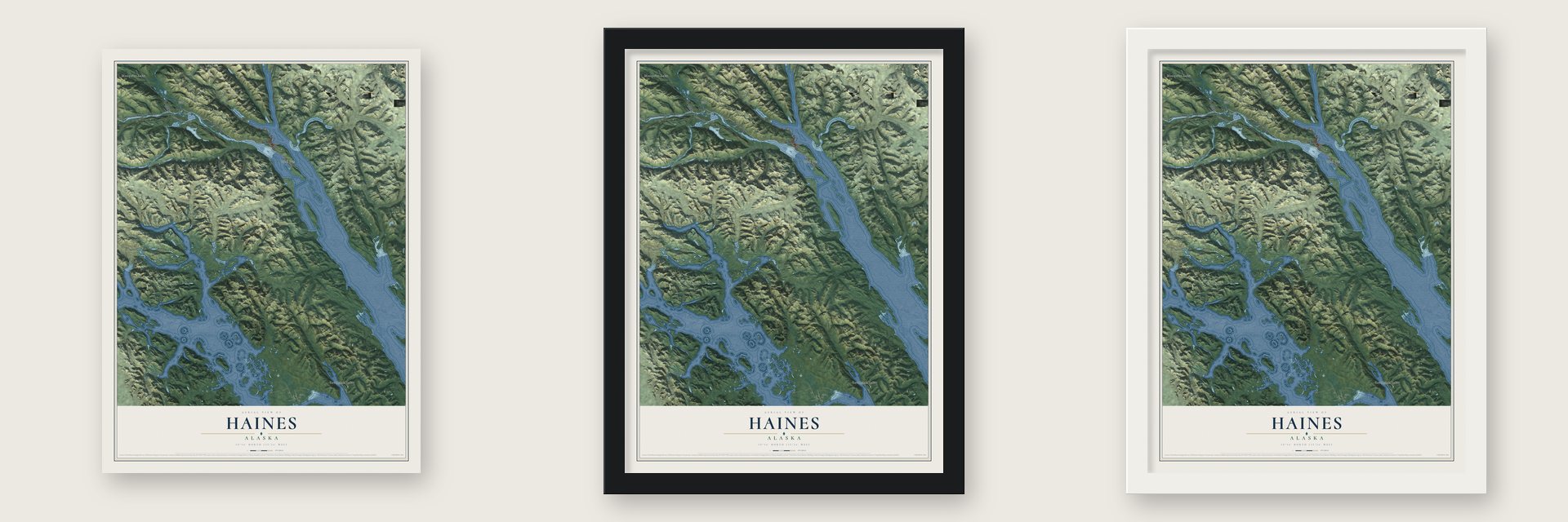 Haines, Alaska map unframed, in a black wood frame and in a white wood frame