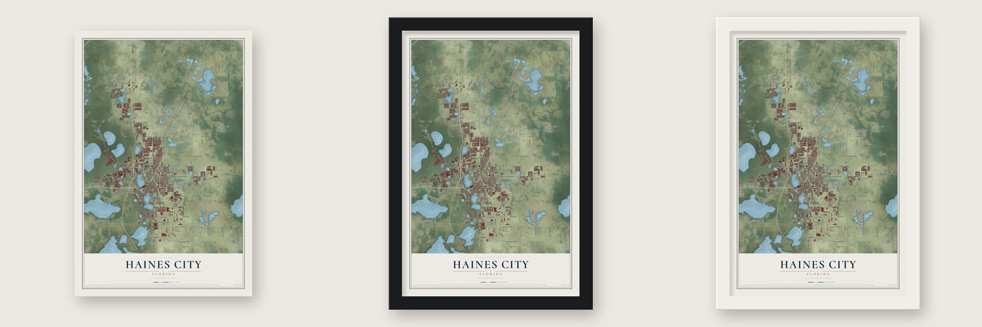Haines City, Florida map unframed, in a black wood frame and in a white wood frame