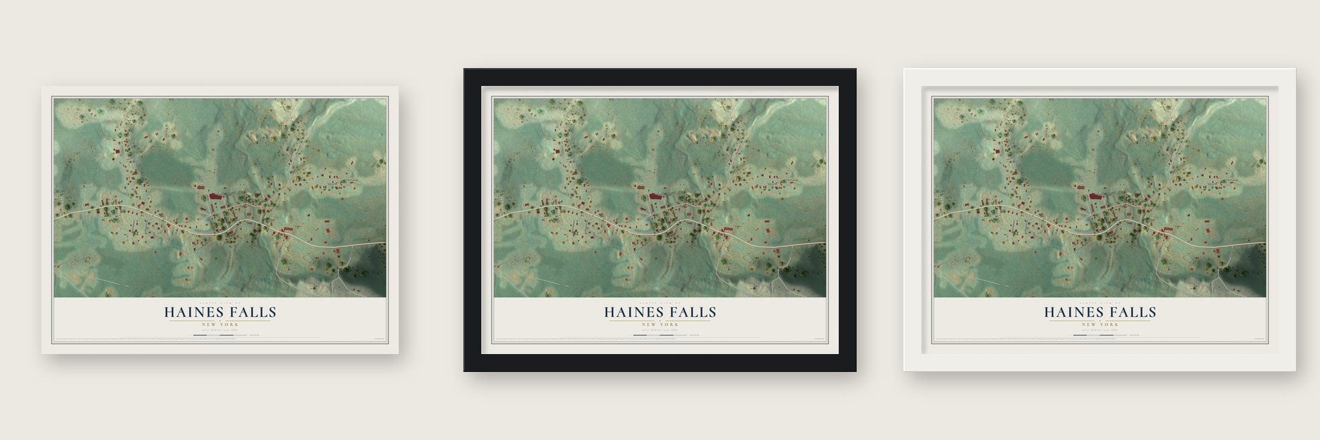 Haines Falls, New York map unframed, in a black wood frame and in a white wood frame