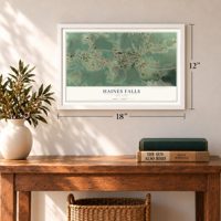 Haines Falls, New York map, 12 x 18 inch print in a white frame in an entryway