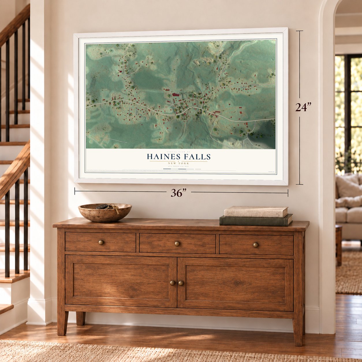 Haines Falls, New York map, 24 x 36 inch print in a white frame above a dresser by a staircase