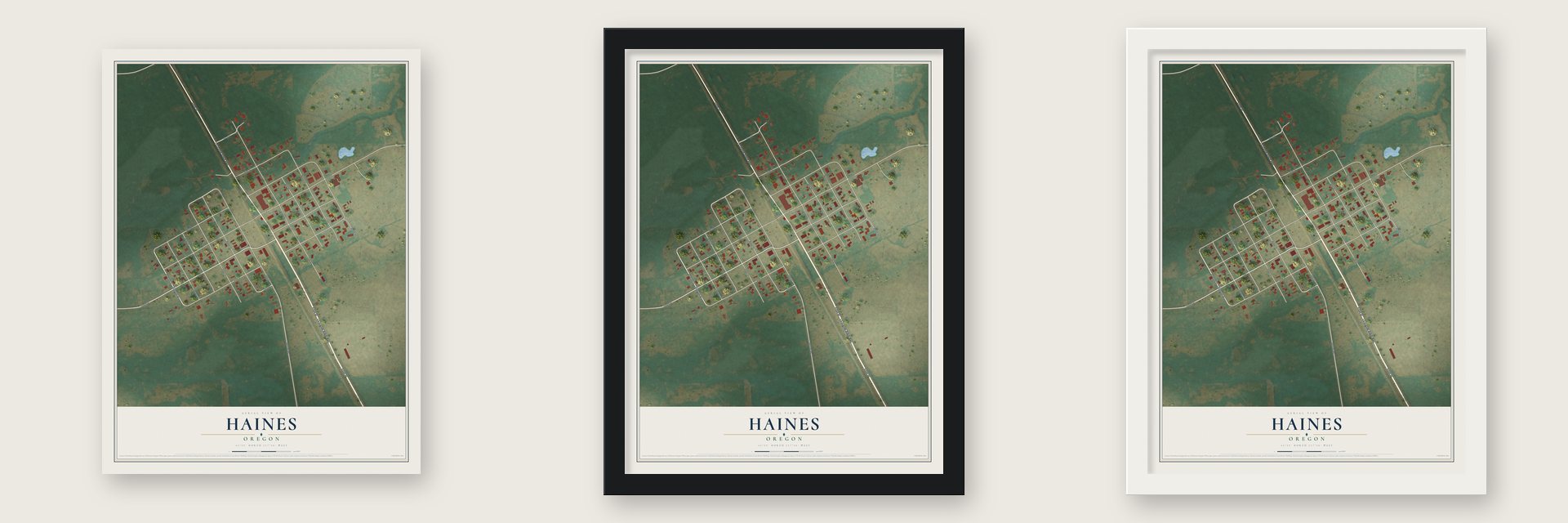 Haines, Oregon map unframed, in a black wood frame and in a white wood frame