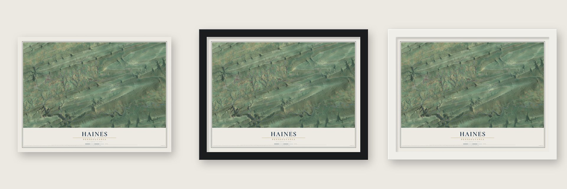 Haines, Pennsylvania map unframed, in a black wood frame and in a white wood frame
