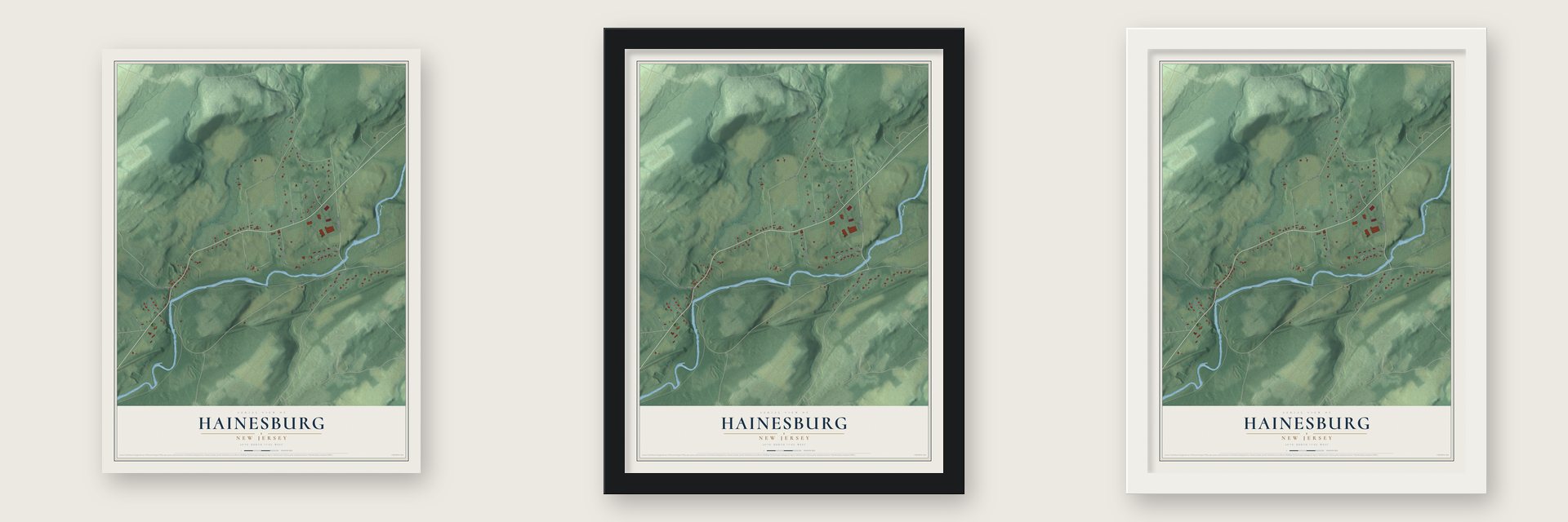 Hainesburg, New Jersey map unframed, in a black wood frame and in a white wood frame