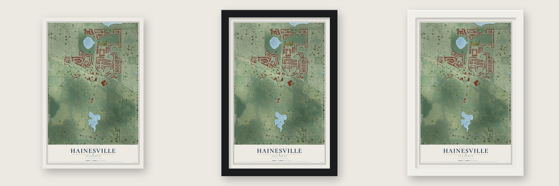 Hainesville, Illinois map unframed, in a black wood frame and in a white wood frame