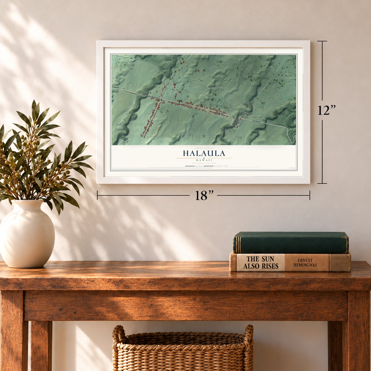 Halaula, Hawaii map, 12 x 18 inch print in a white frame in an entryway