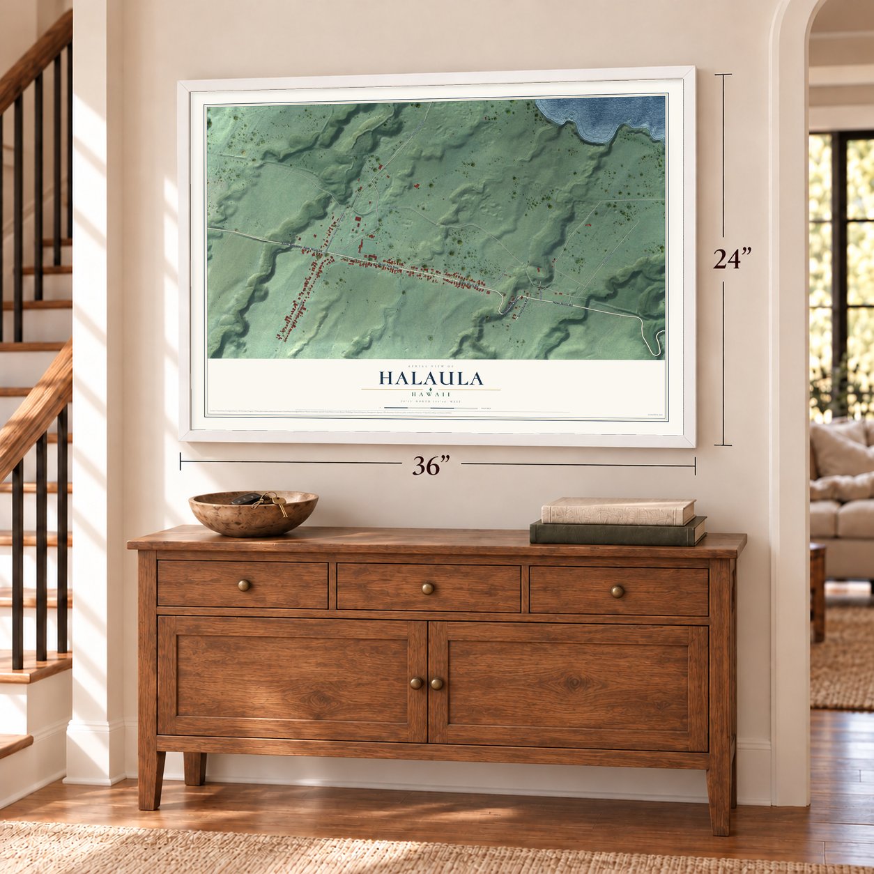 Halaula, Hawaii map, 24 x 36 inch print in a white frame above a dresser by a staircase