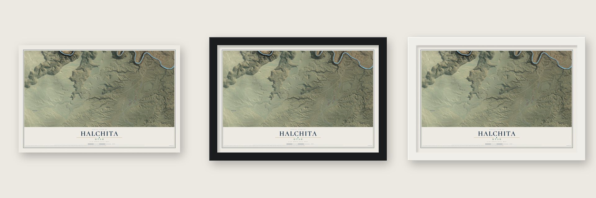 Halchita, Utah map unframed, in a black wood frame and in a white wood frame