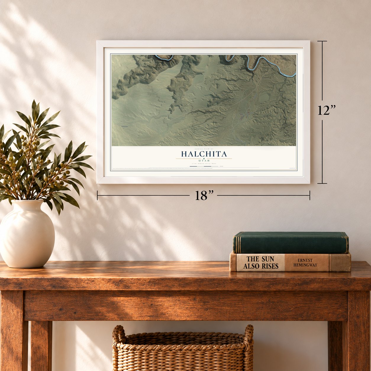 Halchita, Utah map, 12 x 18 inch print in a white frame in an entryway