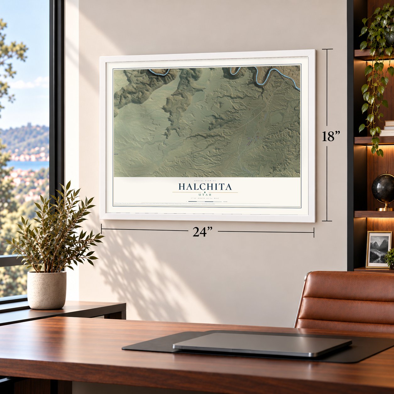 Halchita, Utah map, 18 x 24 inch print in a white frame in a home office