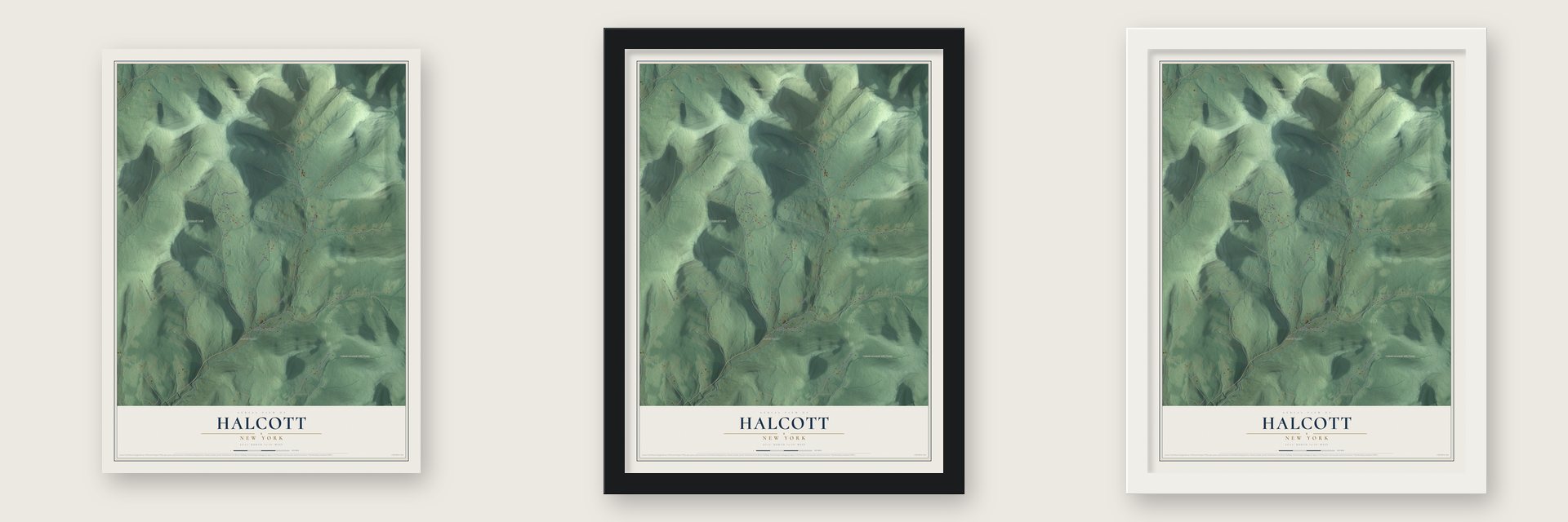 Halcott, New York map unframed, in a black wood frame and in a white wood frame