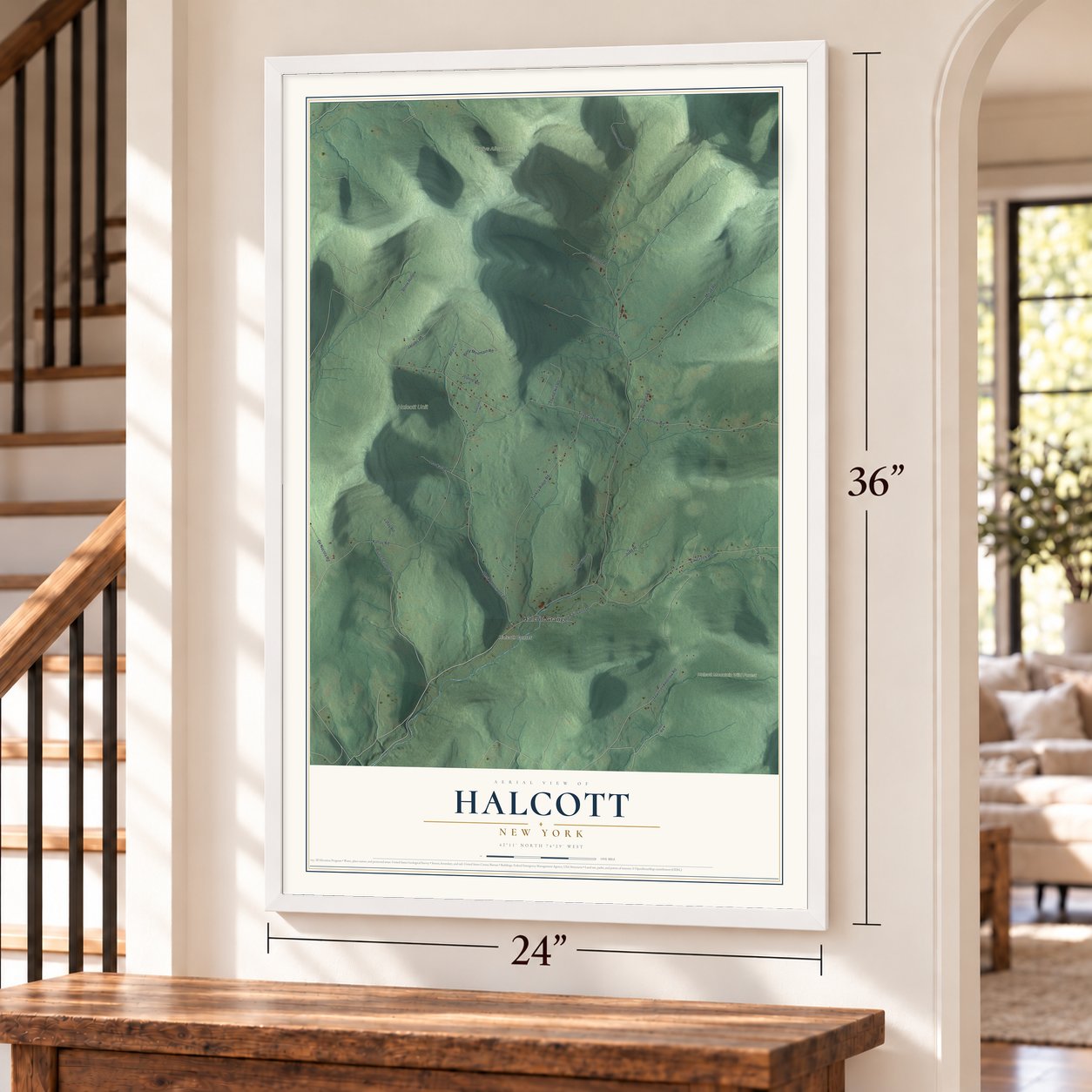 Halcott, New York map, 24 x 36 inch print in a white frame by a staircase