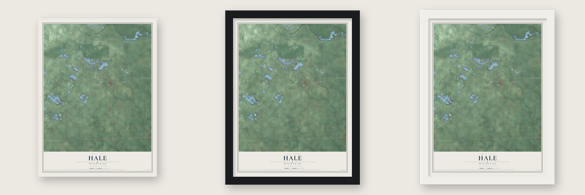 Hale, Michigan map unframed, in a black wood frame and in a white wood frame