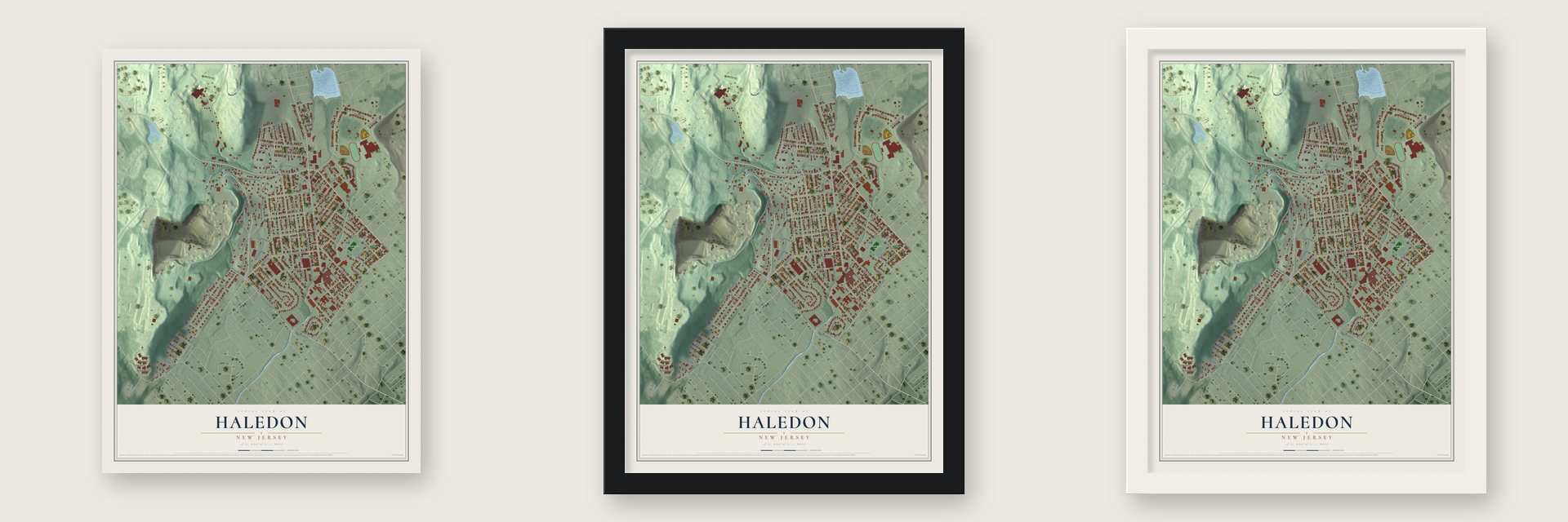 Haledon, New Jersey map unframed, in a black wood frame and in a white wood frame