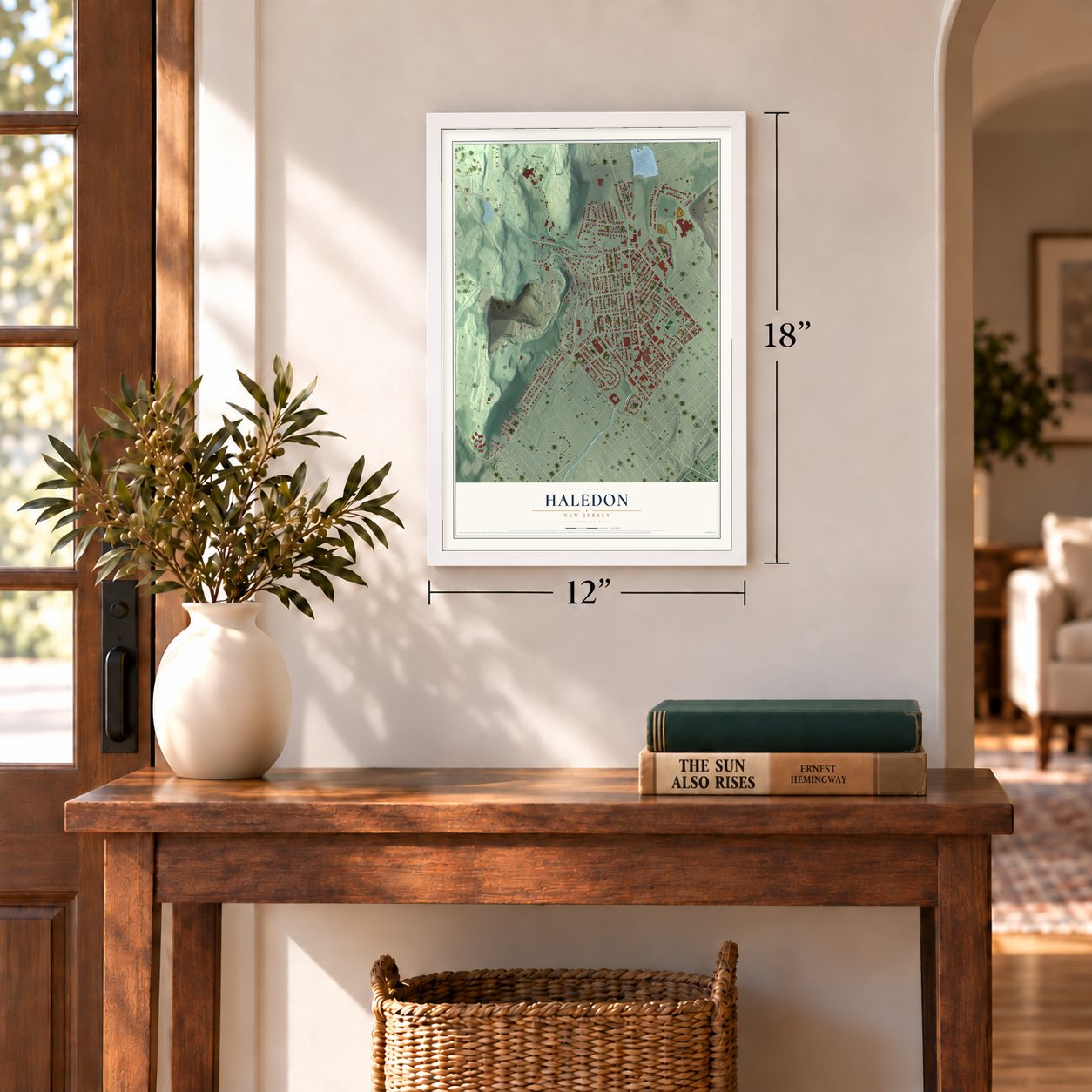 Haledon, New Jersey map, 12 x 18 inch print in a white frame in an entryway