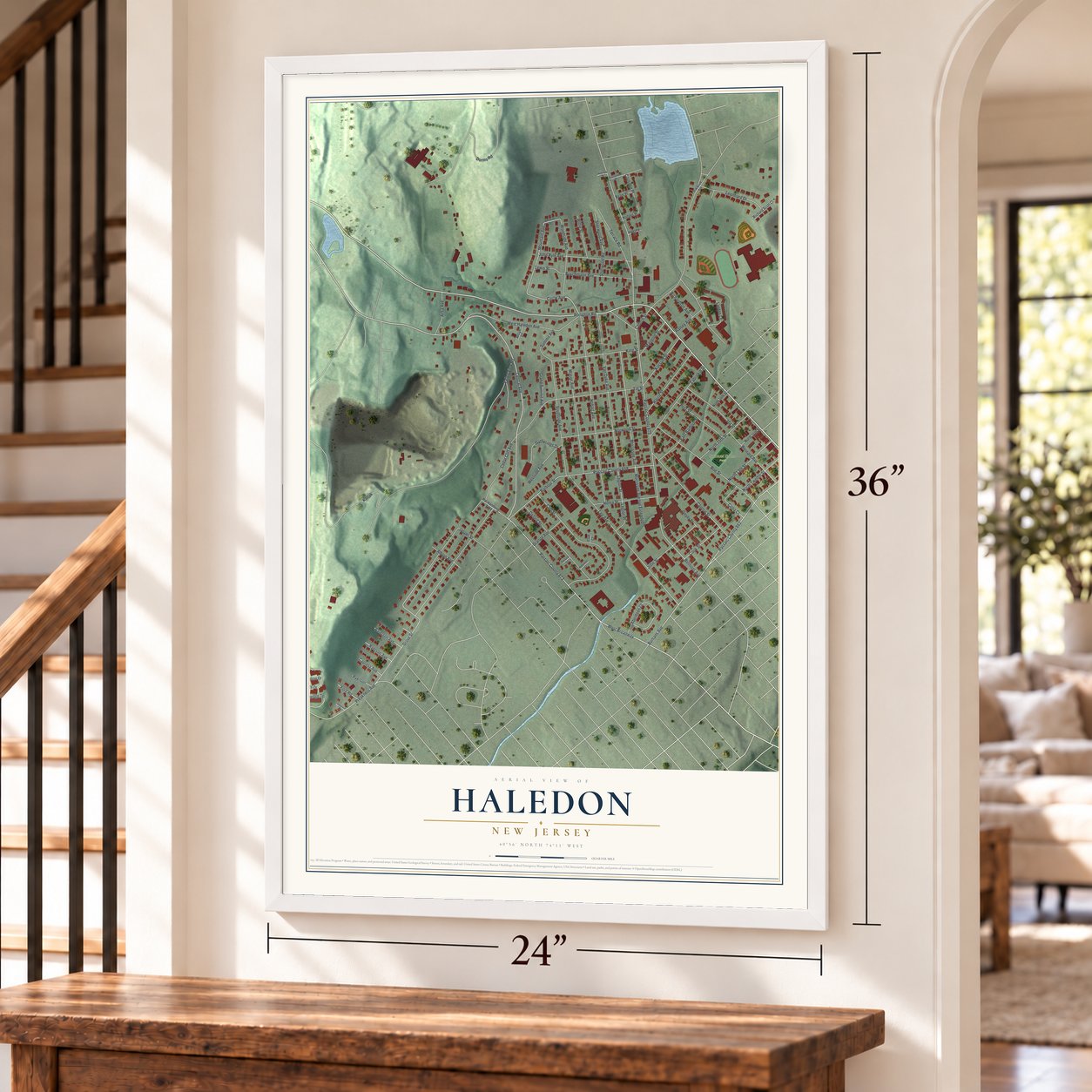 Haledon, New Jersey map, 24 x 36 inch print in a white frame by a staircase