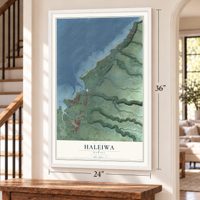 Haleiwa, Hawaii map, 24 x 36 inch print in a white frame by a staircase
