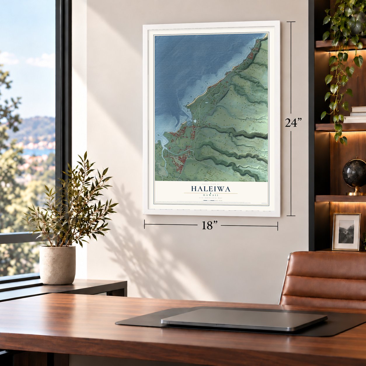 Haleiwa, Hawaii map, 18 x 24 inch print in a white frame in a home office
