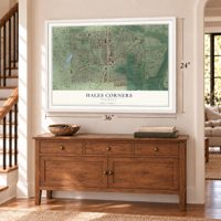 Hales Corners, Wisconsin map, 24 x 36 inch print in a white frame above a dresser by a staircase