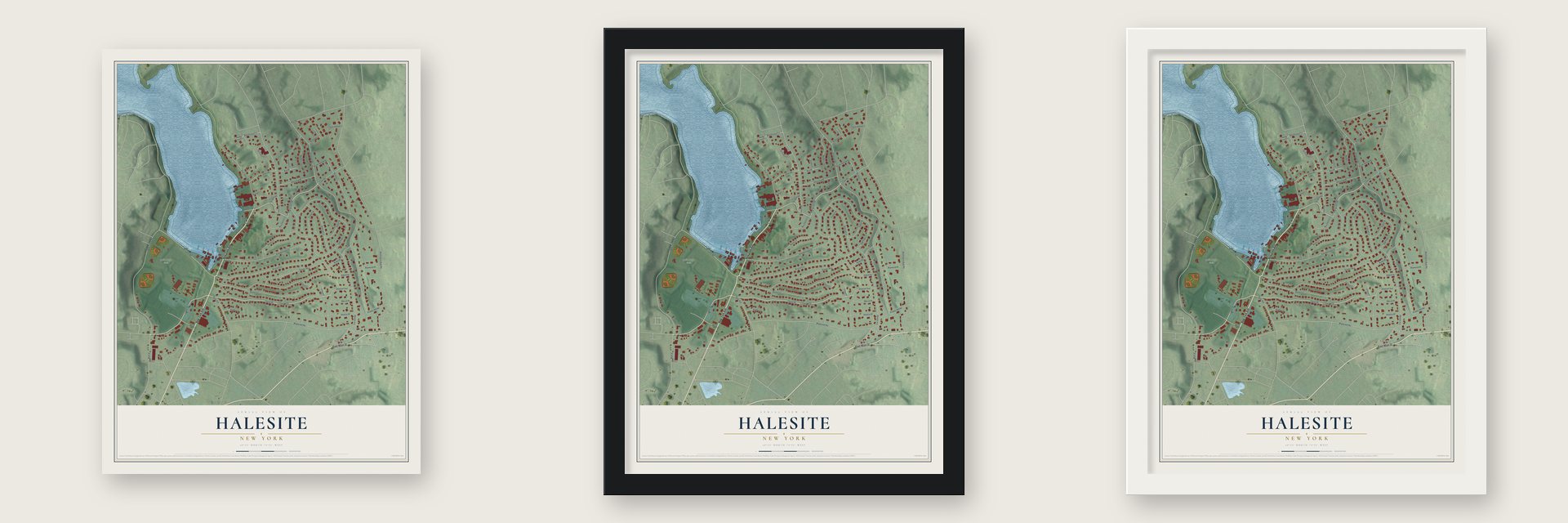 Halesite, New York map unframed, in a black wood frame and in a white wood frame