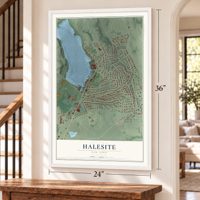 Halesite, New York map, 24 x 36 inch print in a white frame by a staircase
