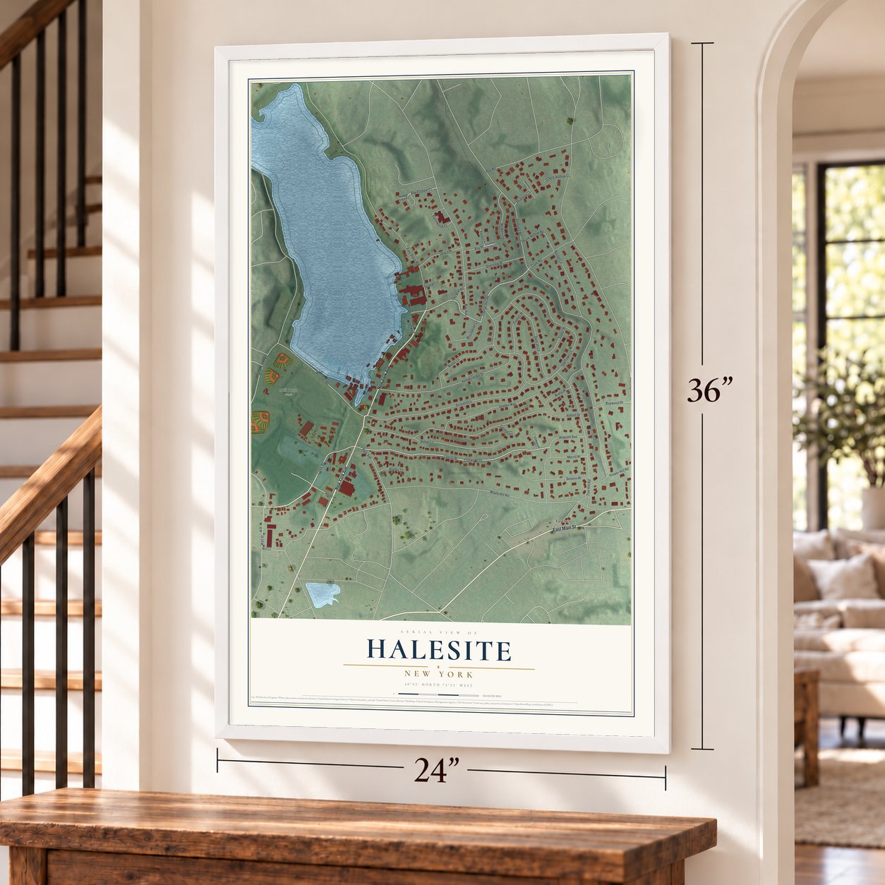 Halesite, New York map, 24 x 36 inch print in a white frame by a staircase