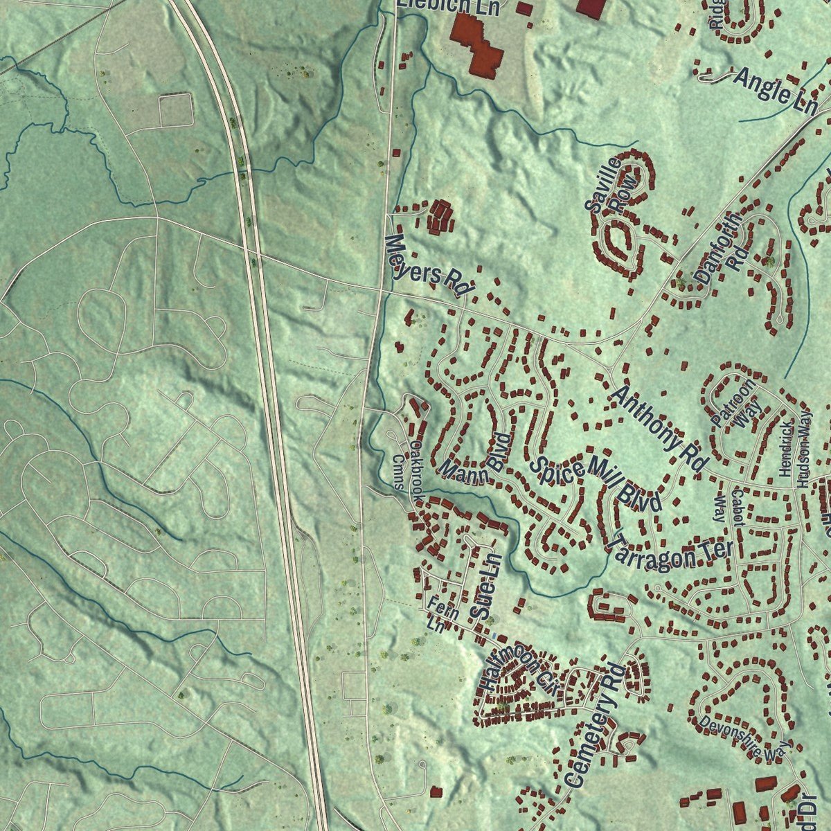 Second close-up of the map of Halfmoon, New York print showing more streets and buildings