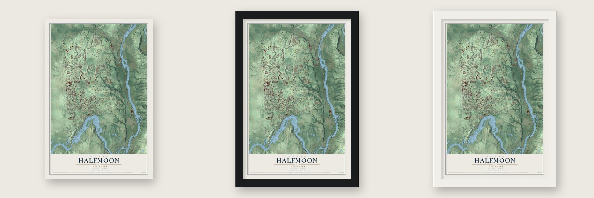 Halfmoon, New York map unframed, in a black wood frame and in a white wood frame