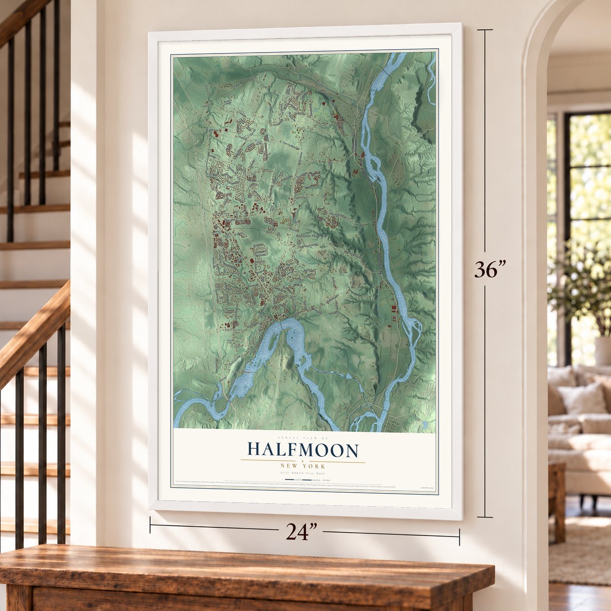 Halfmoon, New York map, 24 x 36 inch print in a white frame by a staircase