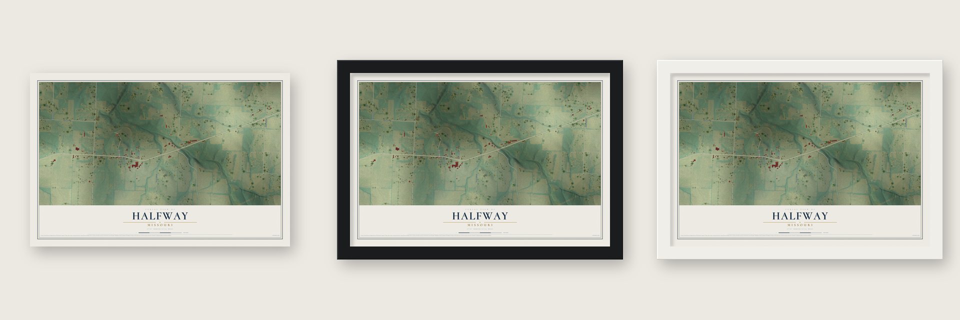 Halfway, Missouri map unframed, in a black wood frame and in a white wood frame
