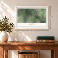 Halfway, Missouri map, 12 x 18 inch print in a white frame in an entryway