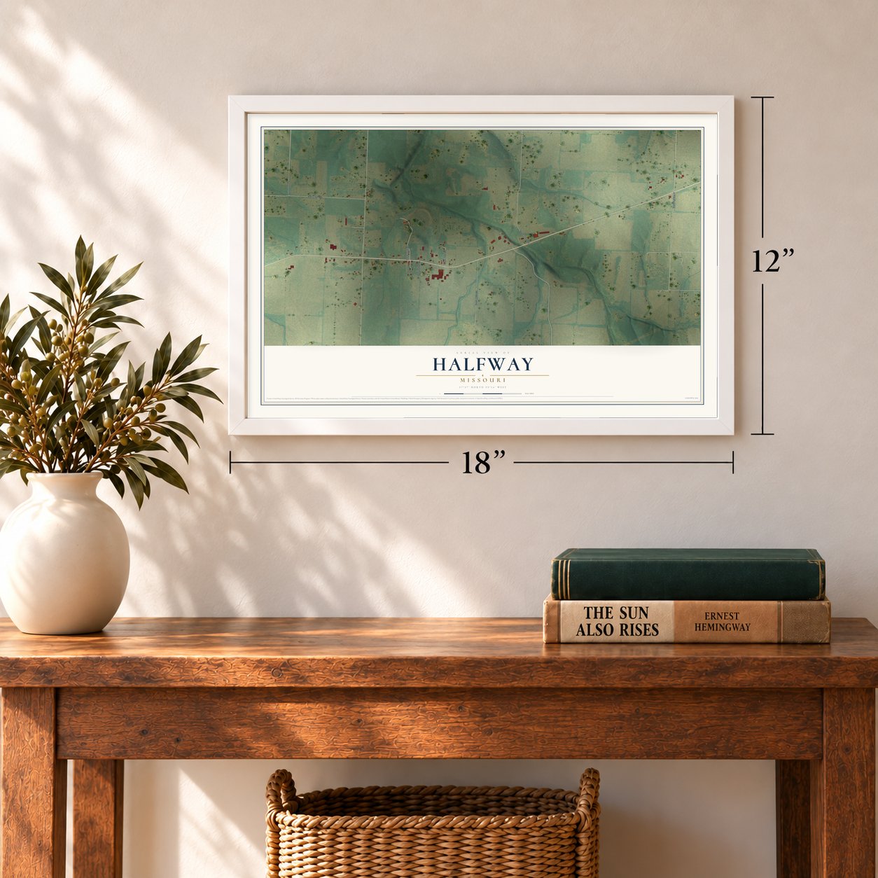 Halfway, Missouri map, 12 x 18 inch print in a white frame in an entryway