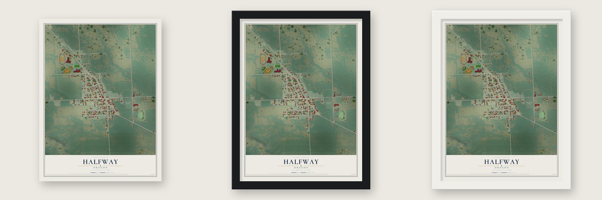 Halfway, Oregon map unframed, in a black wood frame and in a white wood frame