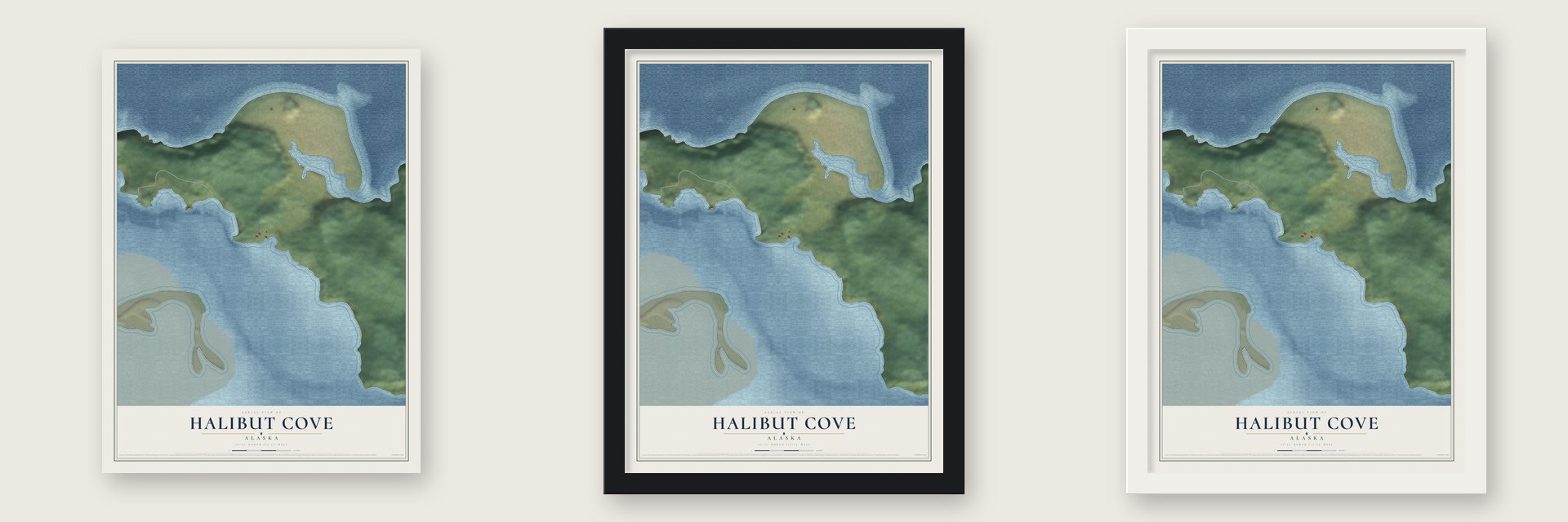 Halibut Cove, Alaska map unframed, in a black wood frame and in a white wood frame