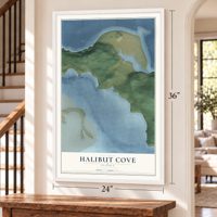 Halibut Cove, Alaska map, 24 x 36 inch print in a white frame by a staircase