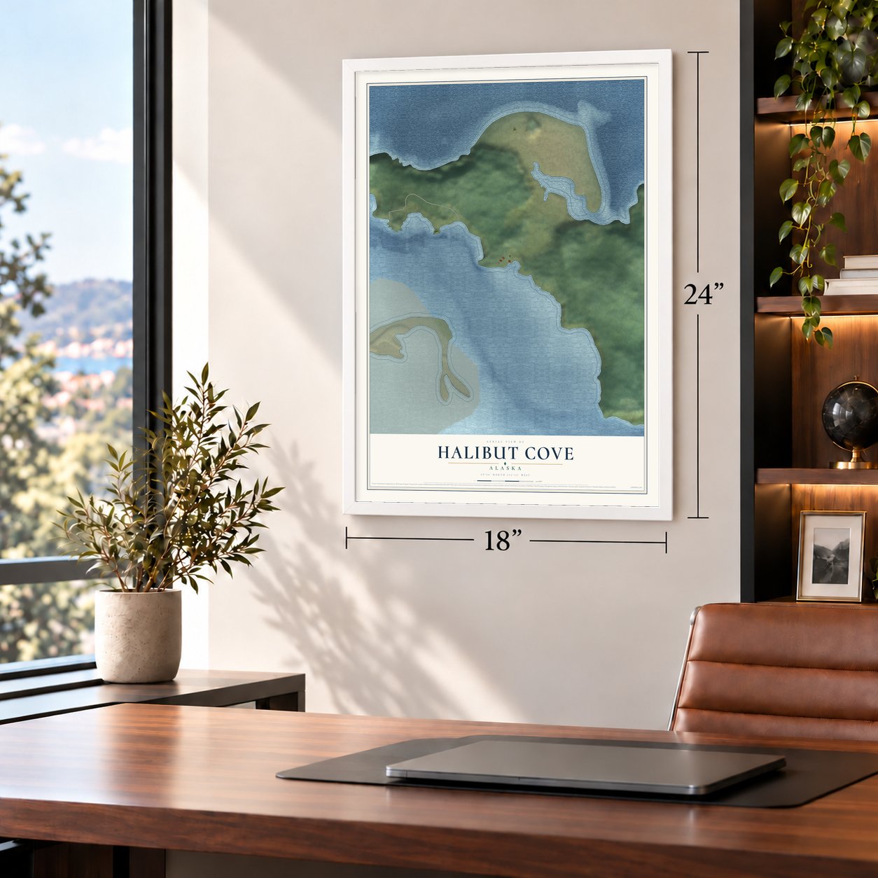 Halibut Cove, Alaska map, 18 x 24 inch print in a white frame in a home office