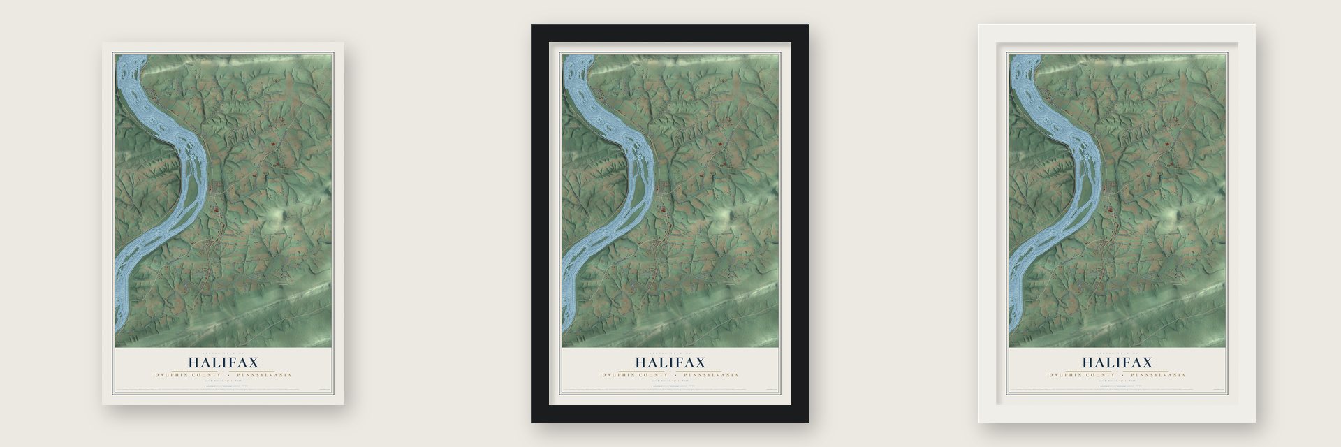 Halifax, Dauphin County, Pennsylvania map unframed, in a black wood frame and in a white wood frame