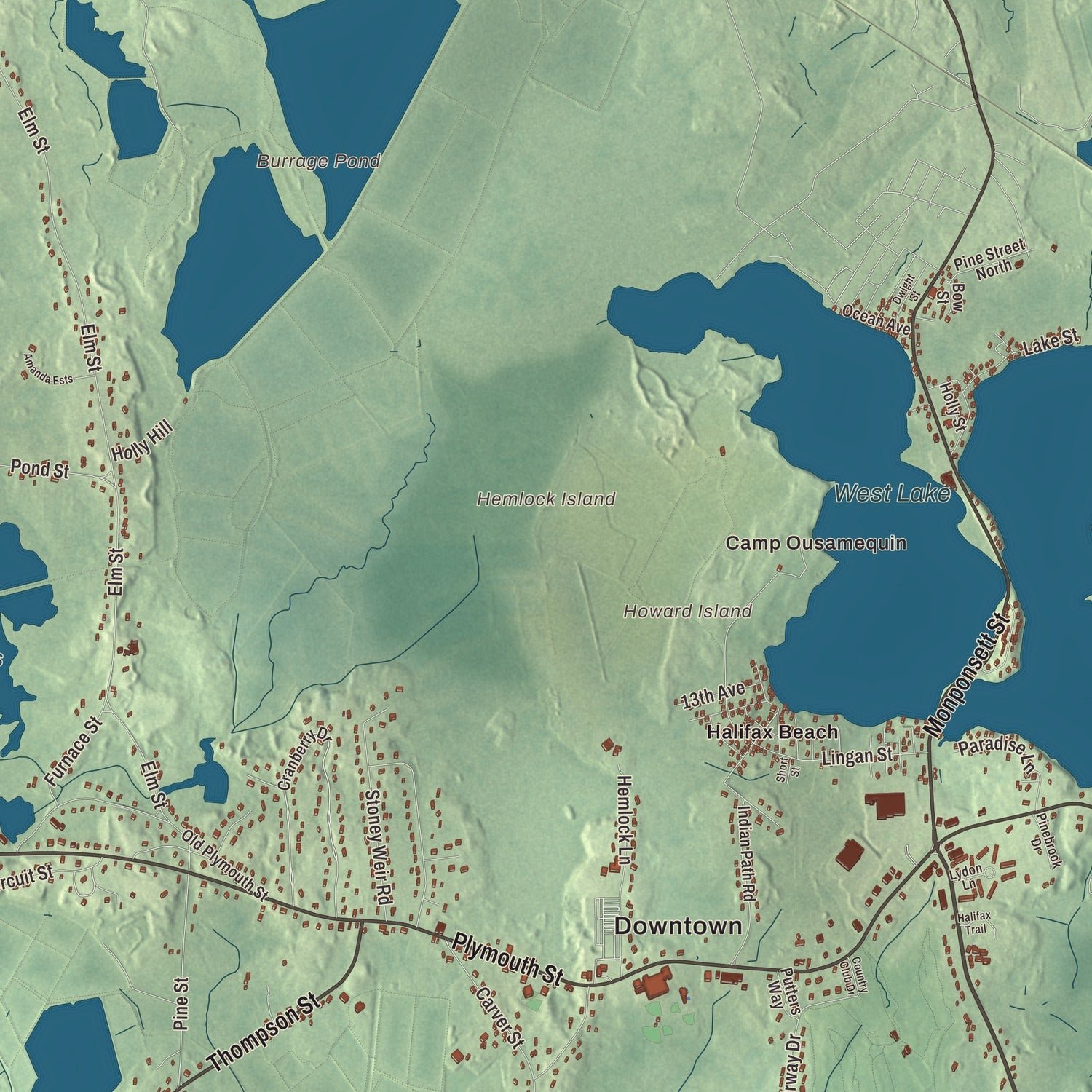 Close-up of the map of Halifax, Massachusetts print showing terrain and local geography