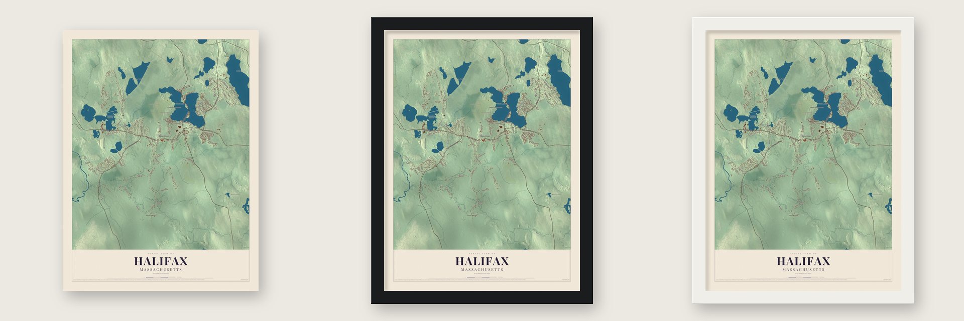 Halifax, Massachusetts map unframed, in a black wood frame and in a white wood frame