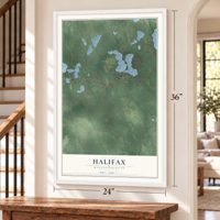Halifax, Massachusetts map, 24 x 36 inch print in a white frame by a staircase