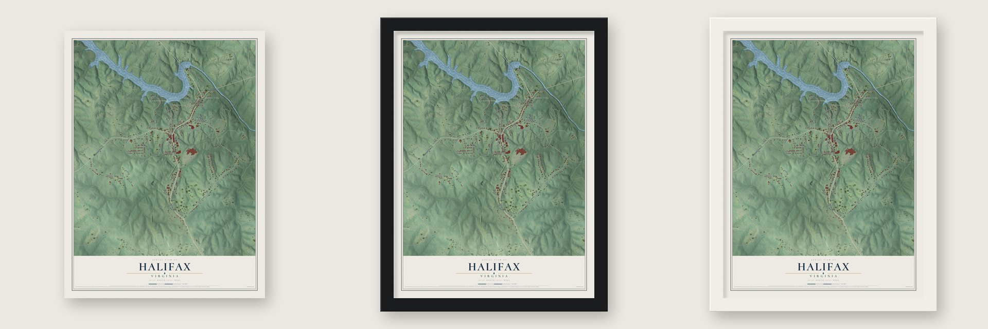 Halifax, Virginia map unframed, in a black wood frame and in a white wood frame