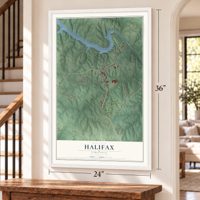 Halifax, Virginia map, 24 x 36 inch print in a white frame by a staircase