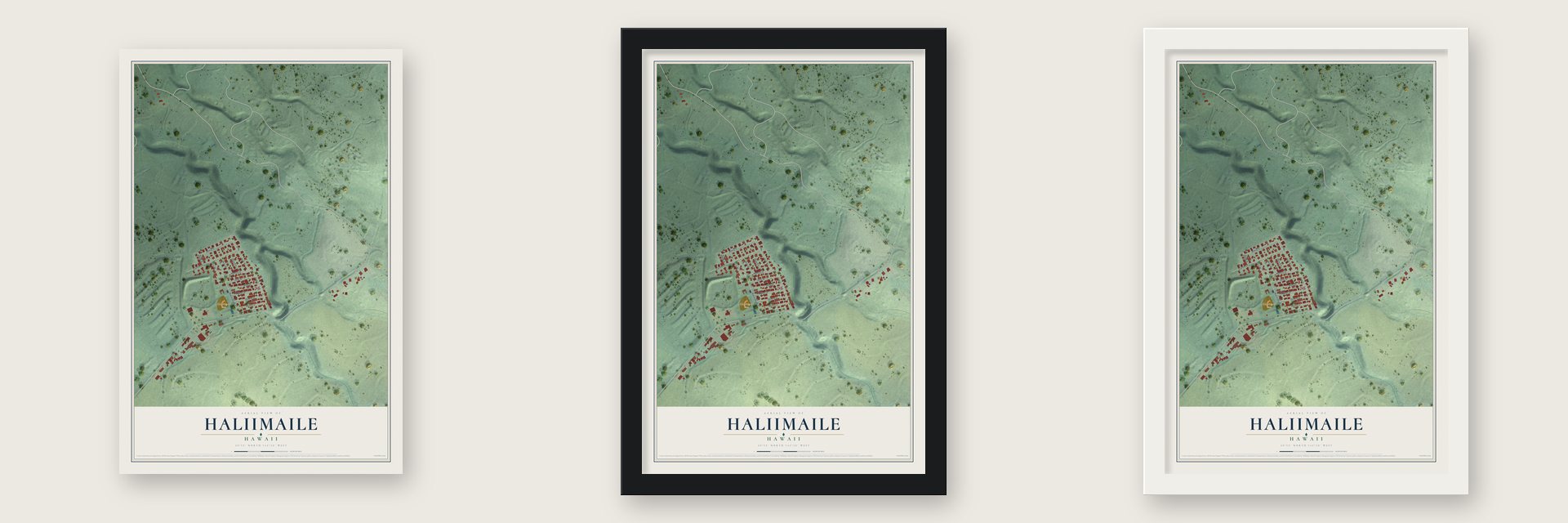 Haliimaile, Hawaii map unframed, in a black wood frame and in a white wood frame
