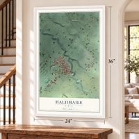 Haliimaile, Hawaii map, 24 x 36 inch print in a white frame by a staircase