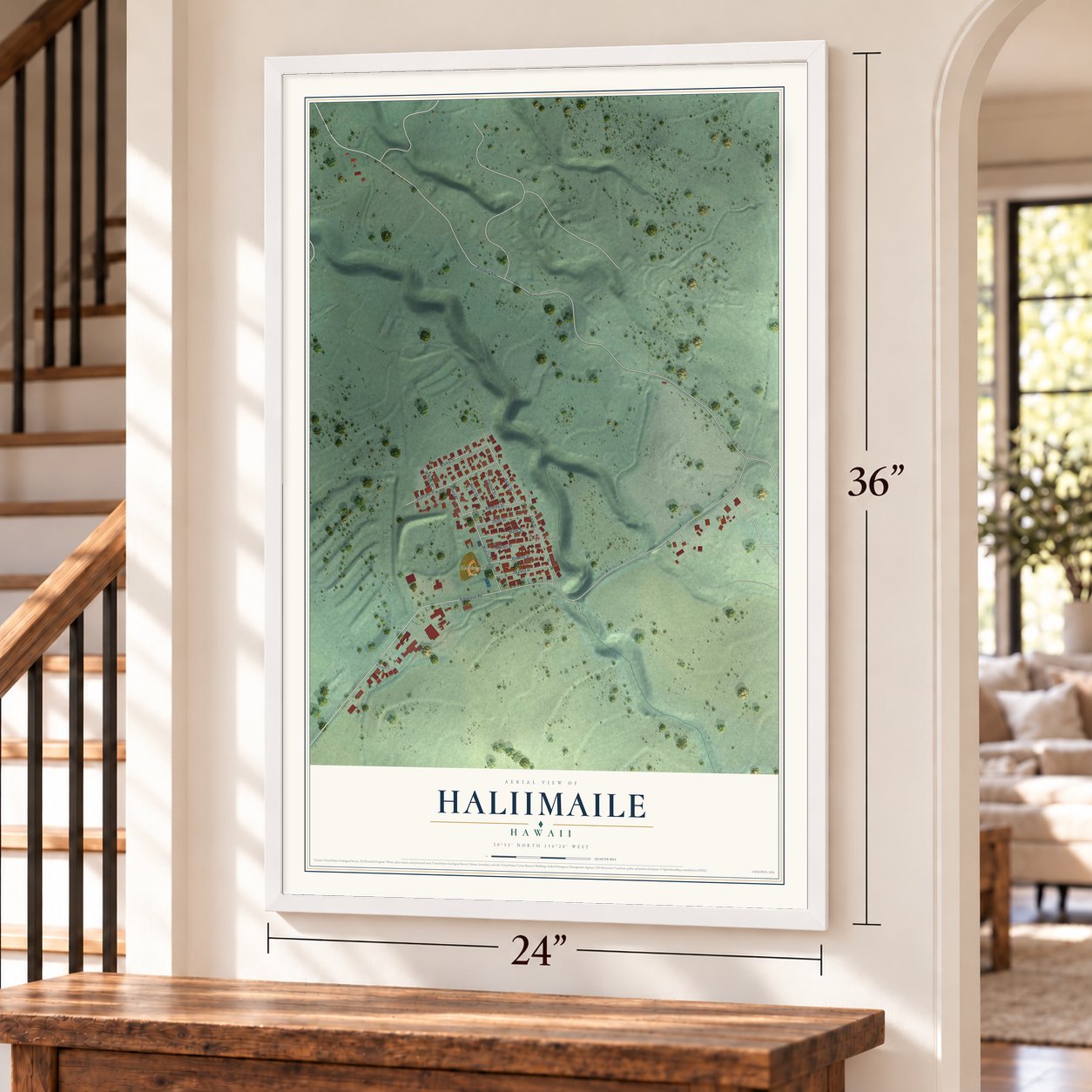 Haliimaile, Hawaii map, 24 x 36 inch print in a white frame by a staircase
