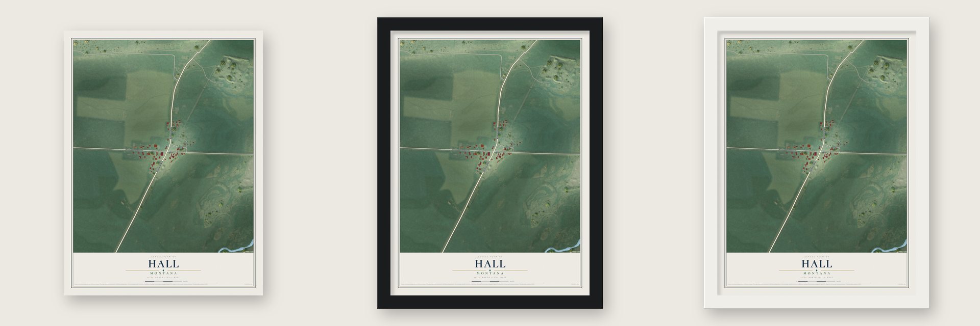 Hall, Montana map unframed, in a black wood frame and in a white wood frame